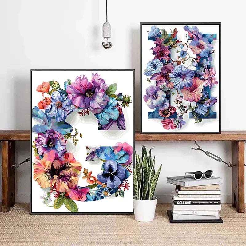 Flower Alphabet Wall Art Wreath Letters Canvas Painting Fashion Modern Aesthetic Poster Wall Pictures Home Decor For Living Room