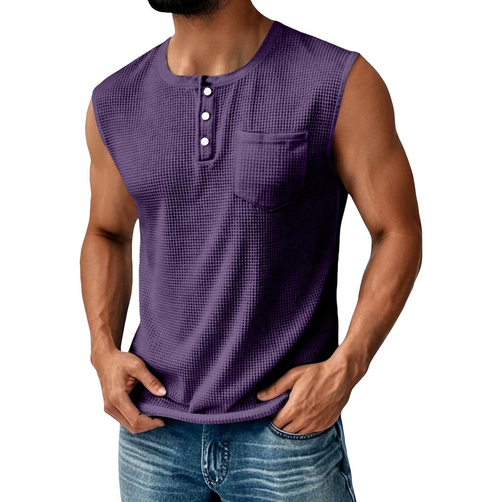 Canotta Henley da uomo in maglia senza maniche con taschino sul petto e chiusura a bottoni, vestibilità casual atletica per l'uso quotidiano