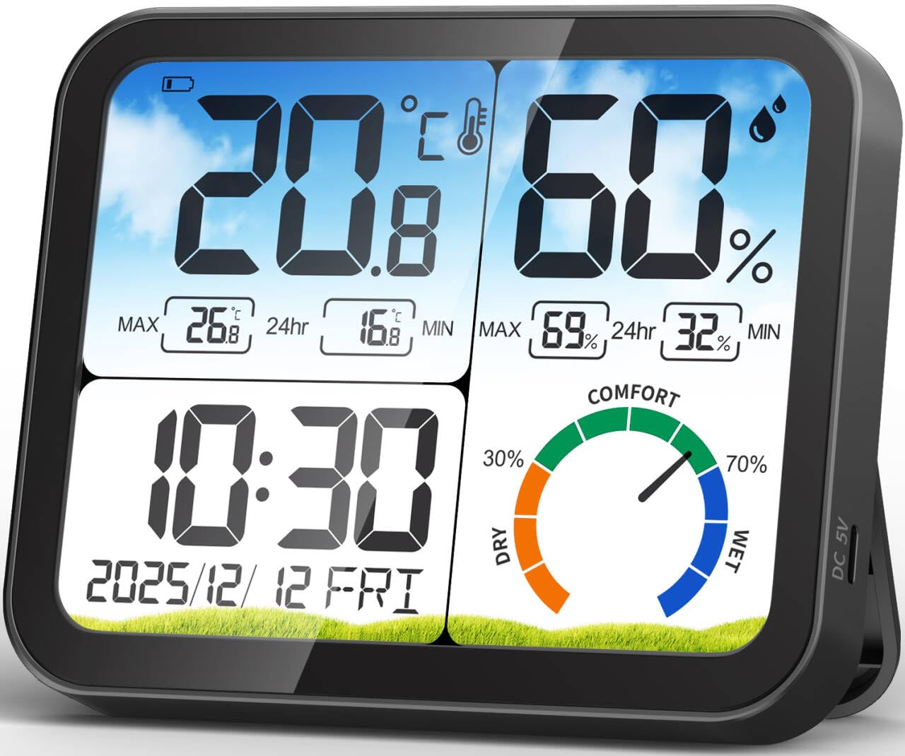 

VOCOO Digital Hygrometer Thermometer for Indoor Use Extra Large Accurate Indoor Environmental Comfort Level Calibration Record Comfort Date Clock & -