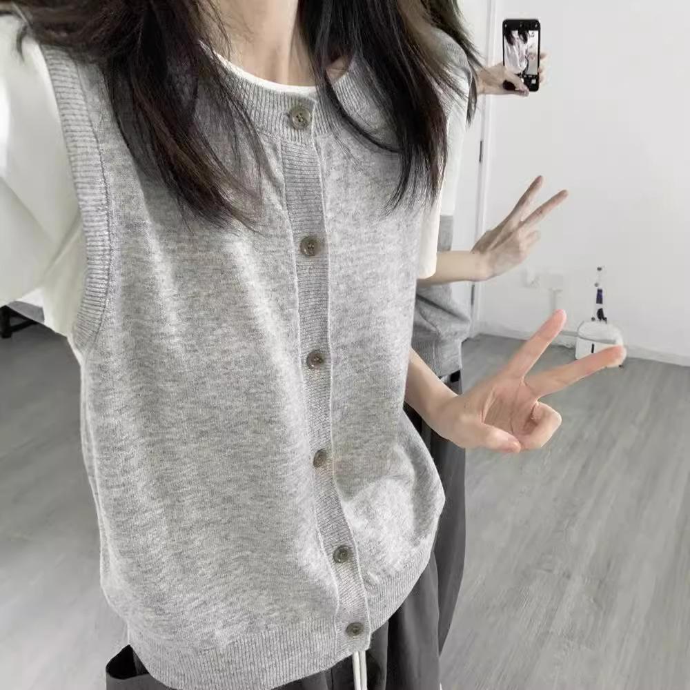 Damen Graue Minimalistische Lagenwolle Strickweste - Frühjahr 2024 Kollektion