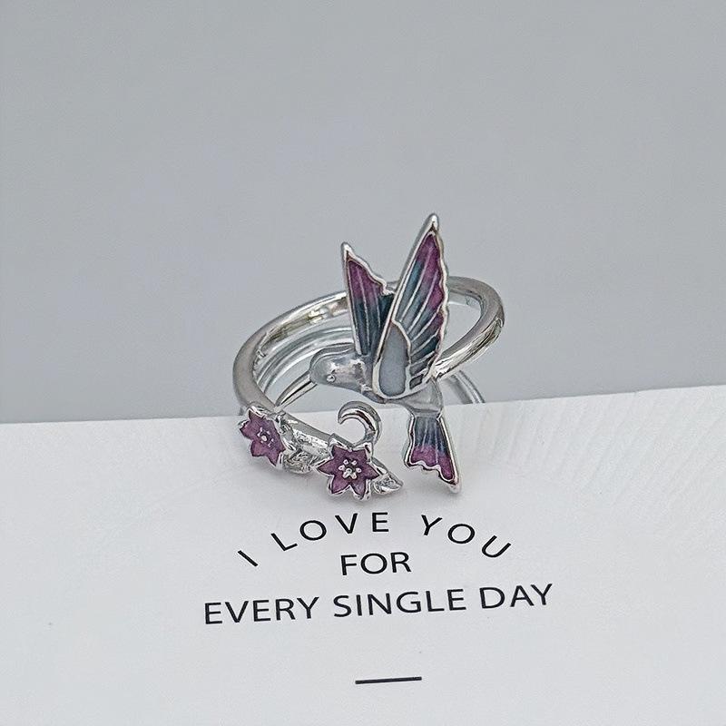 White Delicate Smudging Gray-Green Retro Enamel Butterfly Personalized Opening Ring Female Flower Advanced Sense Super Fairy Ring