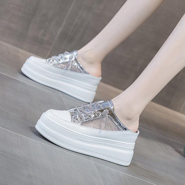 

Блестящие тапочки на платформе 8 см, женская летняя обувь, сандалии на танкетке, шлепанцы, кроссовки без шнуровки, кожаная сетка из микрофибры 39 чёрный