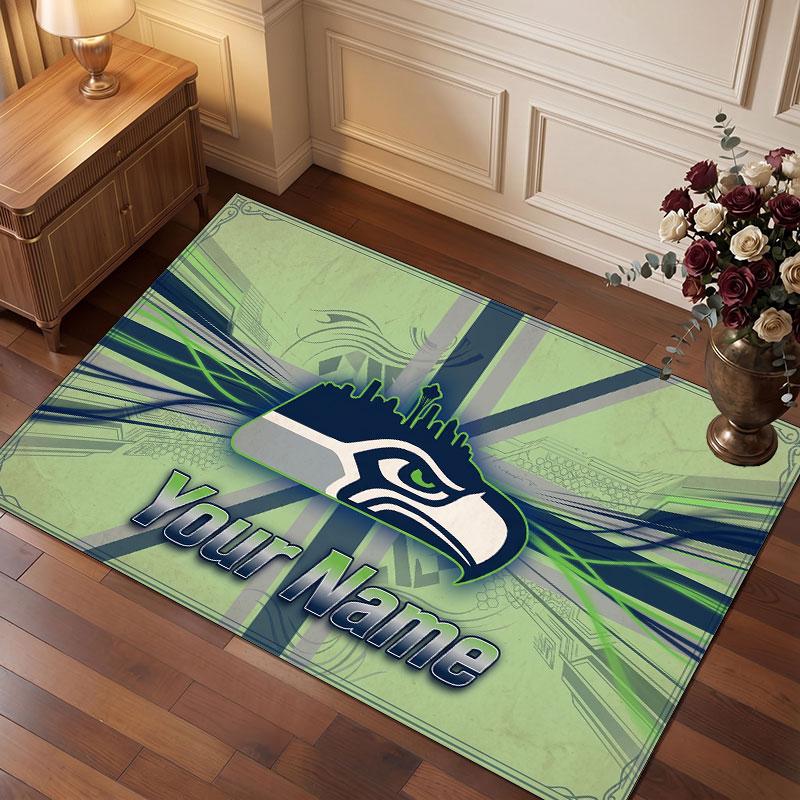 Seattle Seahawks Personalized Crystal Velvet Carpet, Customized Name Text Soft Anti‑Slip Rug for Living Room Bedroom