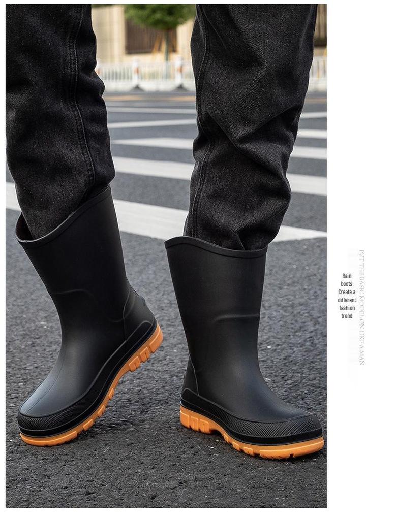 Men's Korean Style Waterproof Mid-Calf Rubber Rain Boots - Non-Slip, Slip-On Casual Fashion Shoes