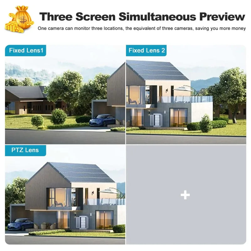 Kamera do monitoringu wideo z 3 obiektywami, kamera CCTV z siecią Wi-Fi, karta SIM 4G, bezprzewodowy monitor 360, zewnętrzne, wodoodporne kamery bezpieczeństwa
