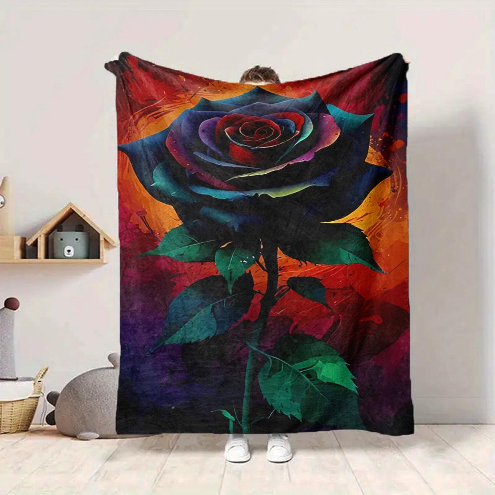 1pc Rainbow Rose Print Blanket - Lightweight Flannel Throw Blanket For Sofa, Bed, Living Room, Office, Outdoor Travel, Camping, Soft All-Season092