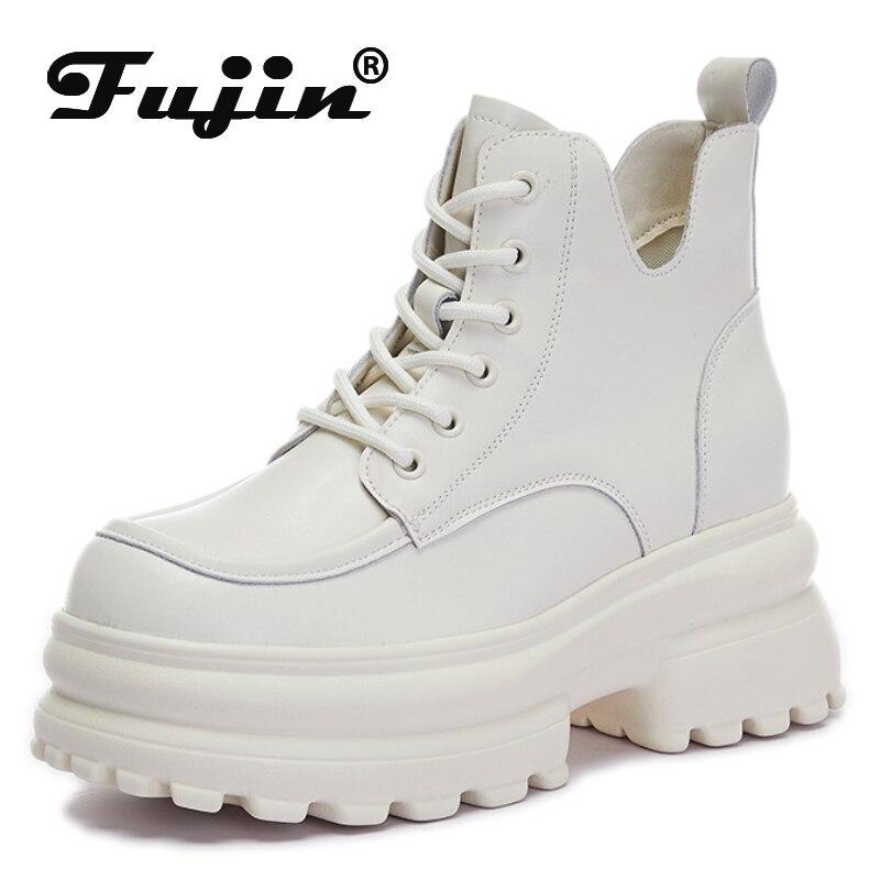 

Ботинки Fujin из натуральной кожи на толстом каблуке 8 см, осенняя мода, весенние женские мотоциклетные ботильоны на танкетке до середины икры на платформе, обувь