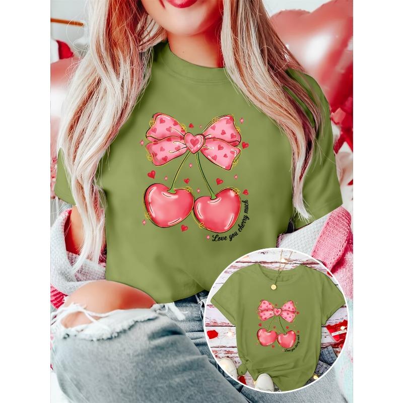 Valentine's Day Gift: Women's Elegant Short-Sleeve Cherry Bow Print Round Neck T-Shirt. Suitable for Spring, Summer, and Autumn. A Versatile,