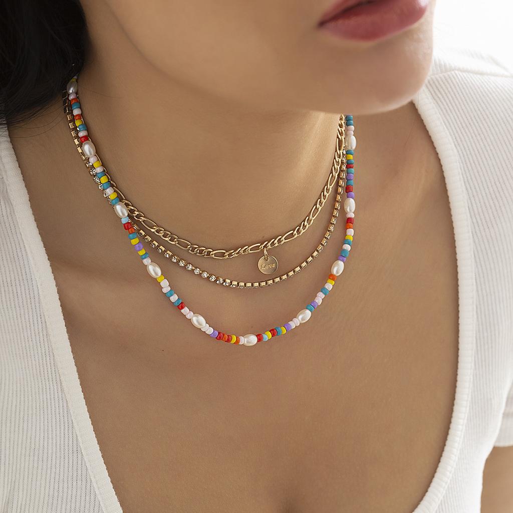 Jewelry, claw chain metal letter sequined item, ethnic color rice bead imitation pearl multi-layer necklace