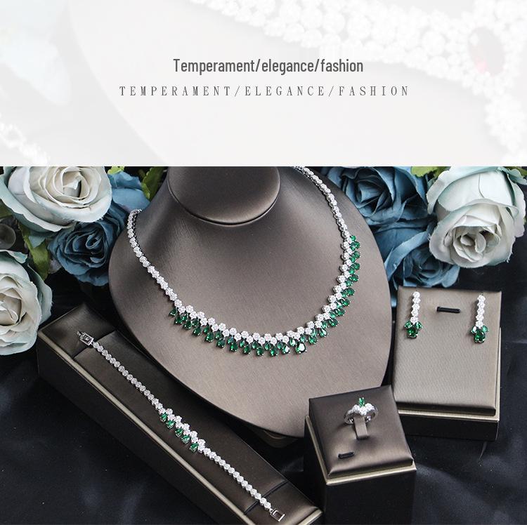 Korean Bridal Jewelry Set: Zircon Necklace, Earrings & Ring - Elegant Wedding Accessories