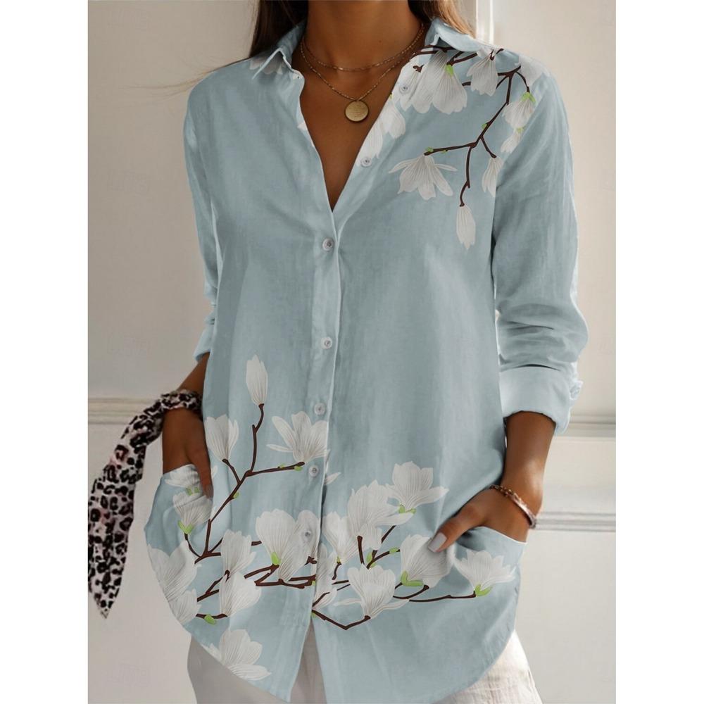 Women's Shirt Floral Active Stylish Buttons Blouse Lapel Neck Blouse Womens Long Sleeve Shirt Womens Clothing