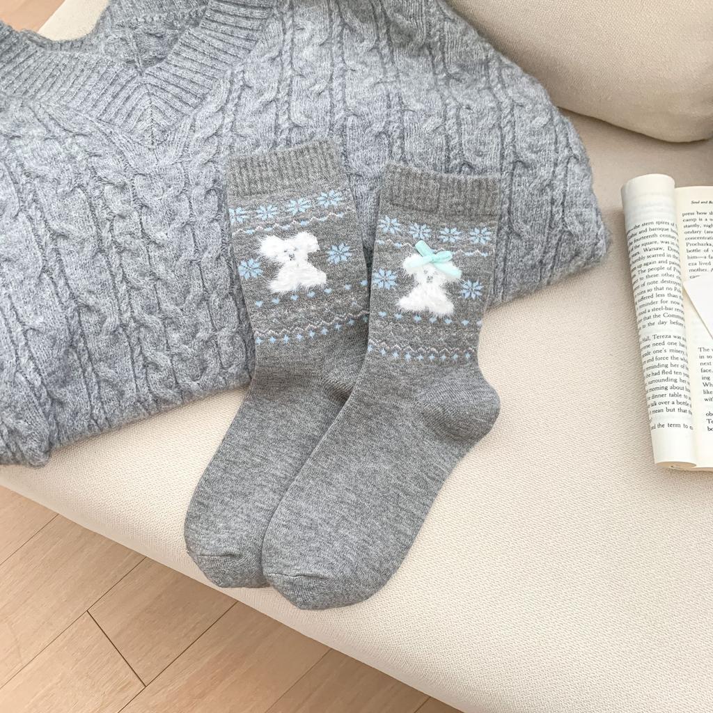 Ladies Autumn Winter Thickened Warm Cute Bow Cartoon Dog Wool Drum Pile Socks