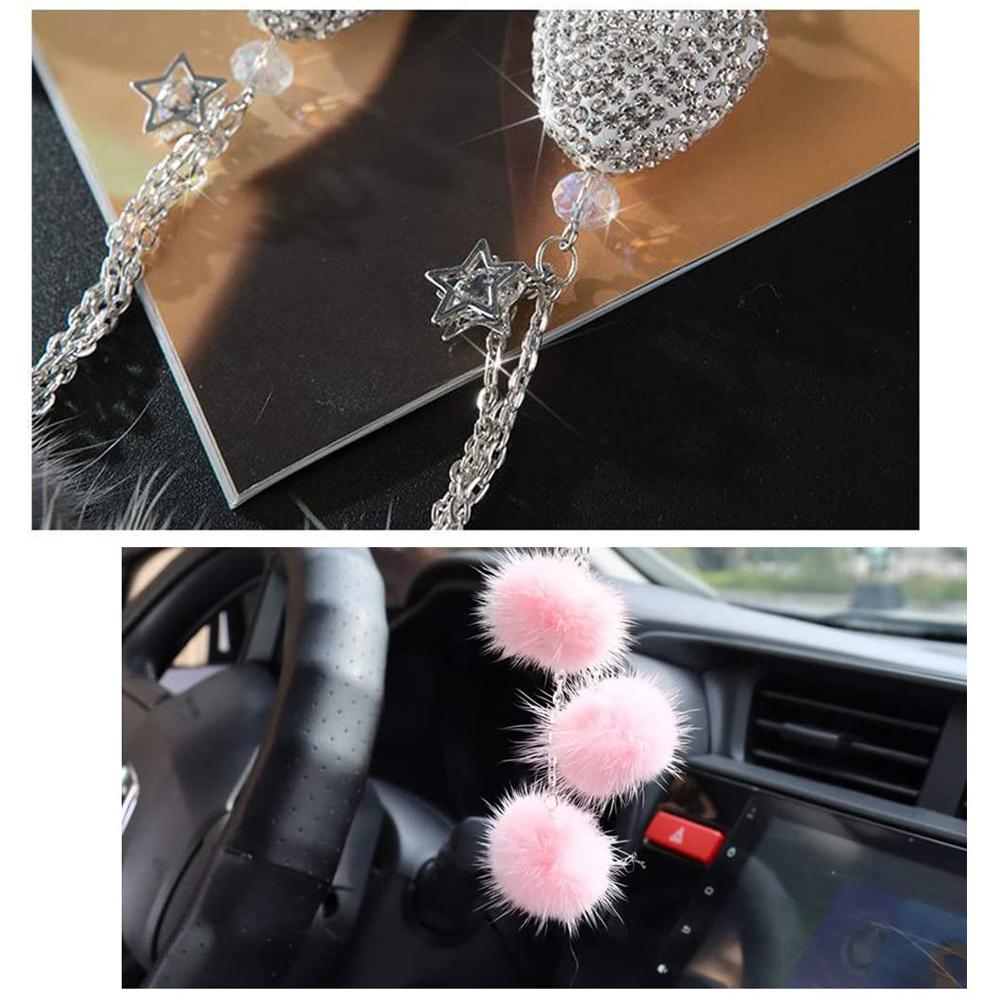 Bling  Rearview Mirror Car Charm Pink Plush ball Car Crystal Pendant Car Hanging Ornaments