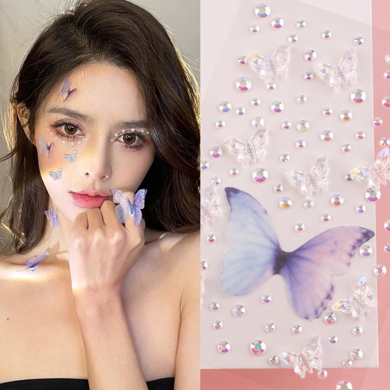 3D Butterfly & Star Face Sticker Set with Rhinestones & Pearls for Kids