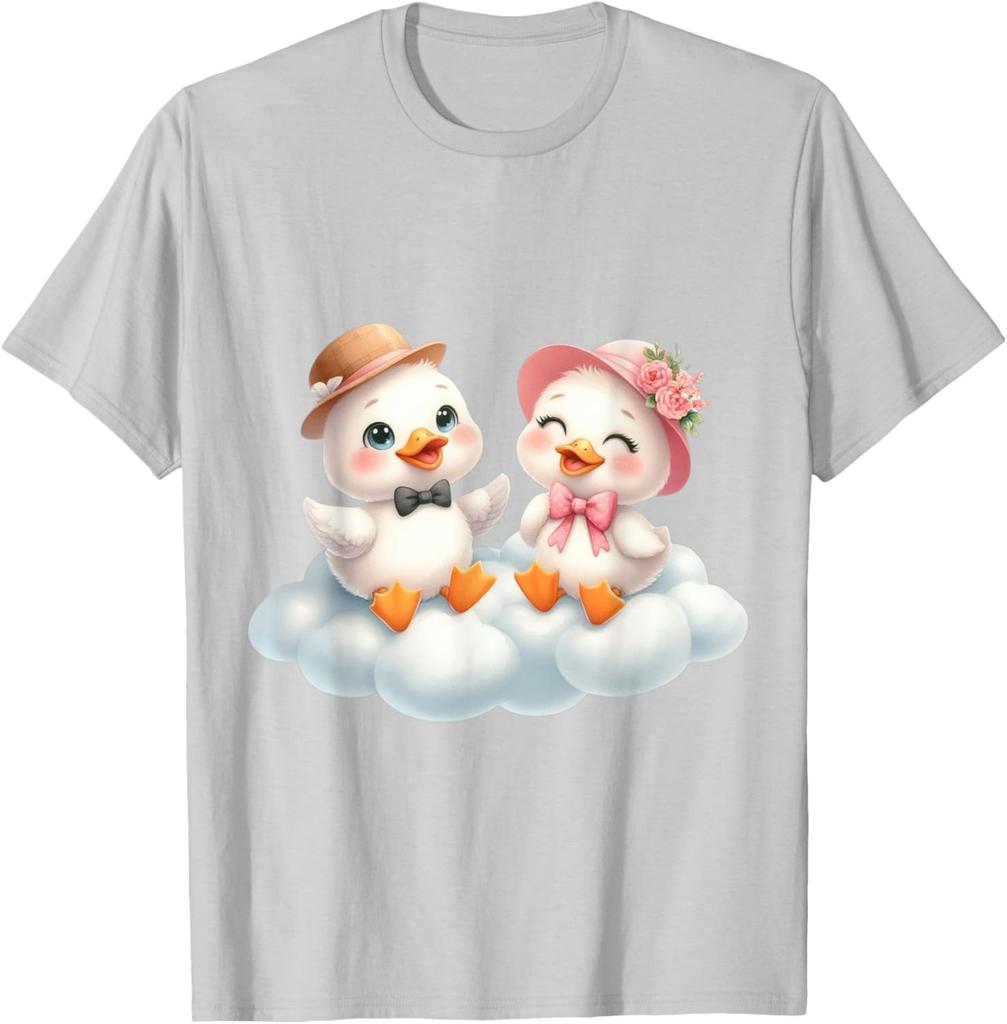 Cute Duck Couple Sitting on Cloud Graphic Print Cotton Casual Daily T-Shirt