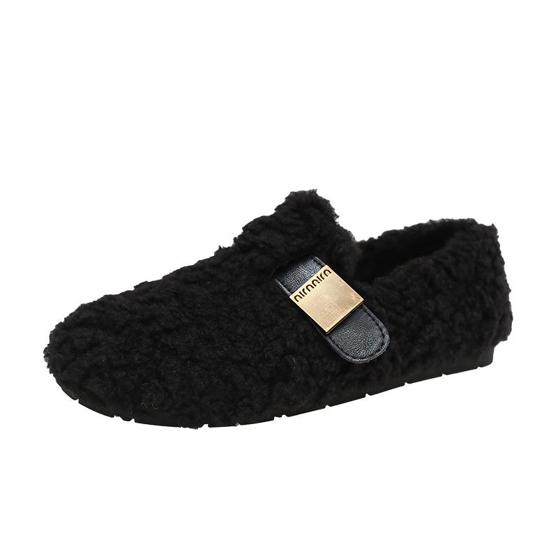 Versatile Flat-soled Fluffy Cotton Shoes Autumn and Winter New One-pedal Plush Mary Jane Shoes Plush Doudou Shoes