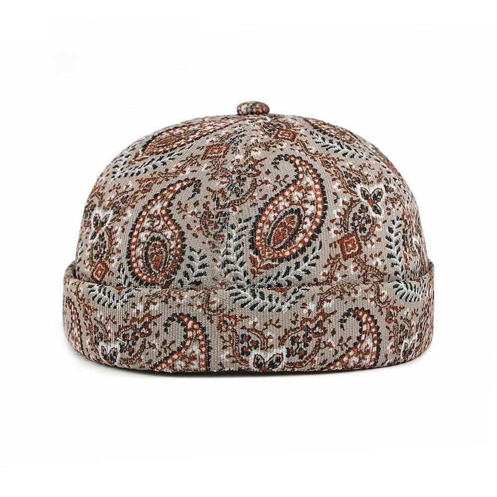 Unisex Retro Paisley Print Docker Cap Brimless Sailor Skullcap Vintage Ethnic Rolled Cuff Beanie Landlord Melon Hat for Men Women
