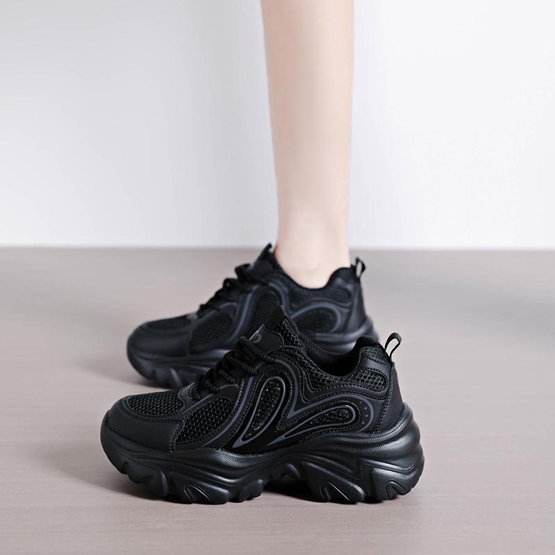 TUINANLE Black Women Platform Sneakers Breathable Lace Up Chunky Casual Comfort Walking Shoes