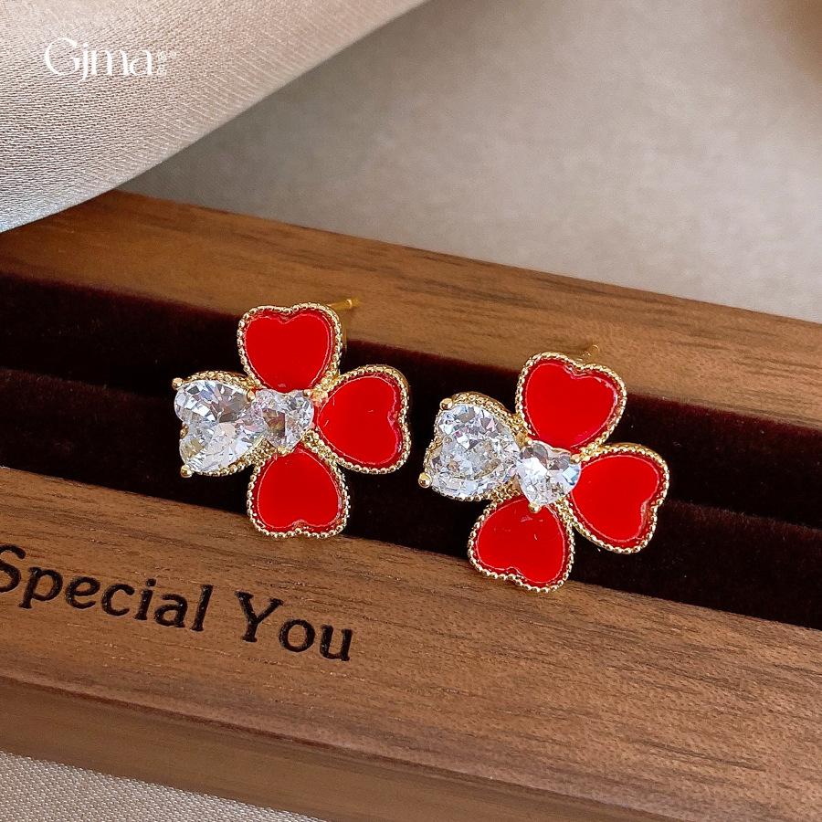 18K Zircon Red Love Flower Stud Earrings Elegant Earrings Women