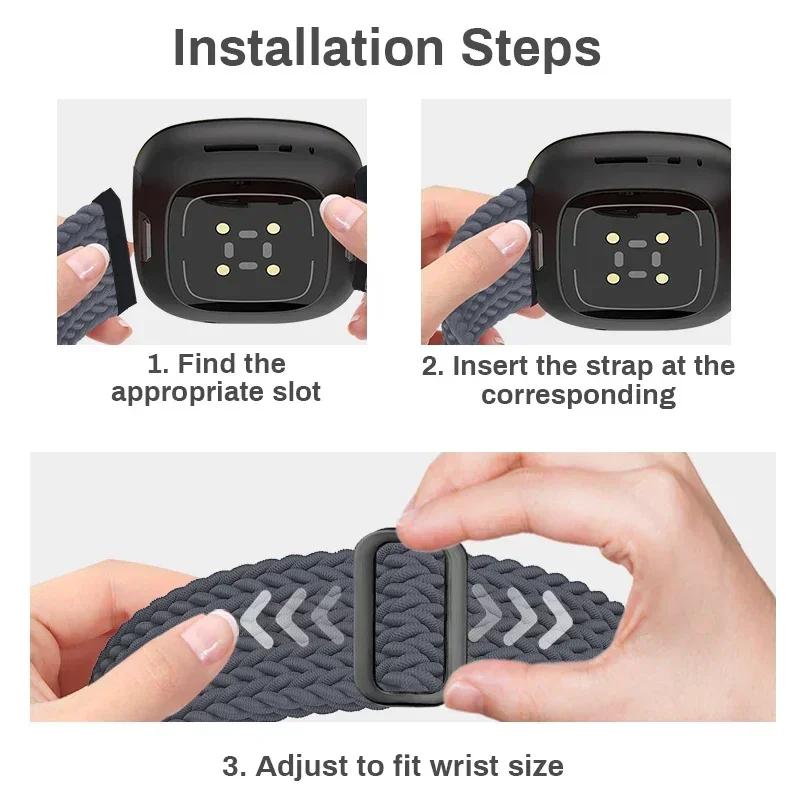 3 ks Sportovní pásky, Kompatibilní s Fitbit Versa 3/Versa 4/Sense 2/Sense, Nastavitelný pružný Solo Loop Nylonový náhradní řemínek