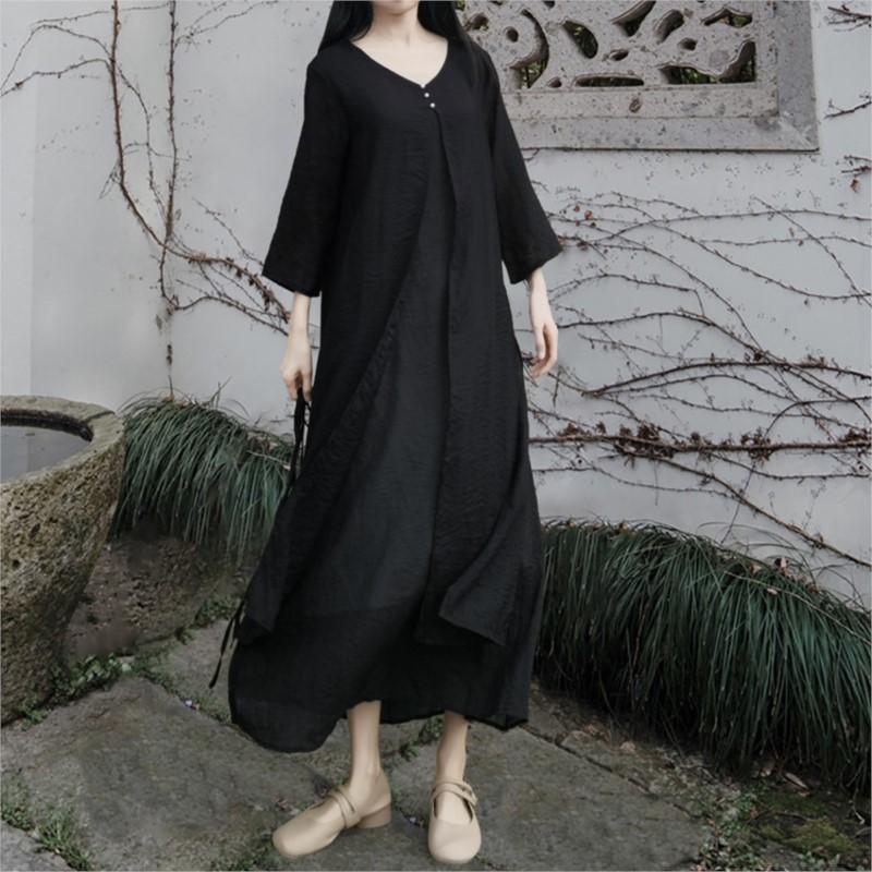 Johnature Woman Autumn Solid Color V-Neck Retro Dress Loose Chinese Style Casual Vintage Style Dress