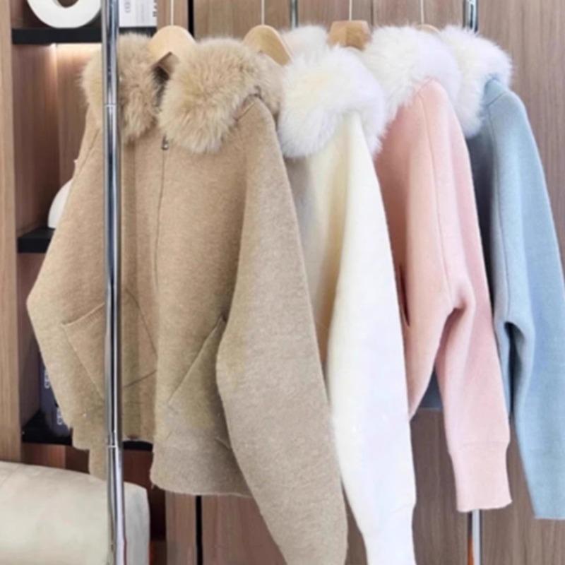 

Темпераментная куртка-свитер с капюшоном и меховым воротником женская осенне-зимняя новая модная высококлассная ленивая вязаная кардиган-топ 0223 average size [80-120 average size] розовый