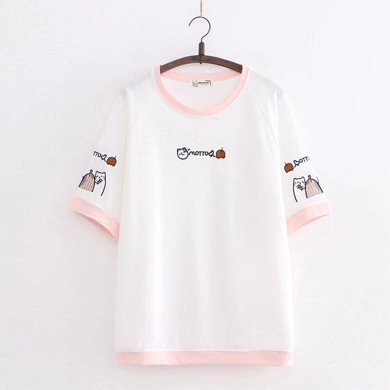 

Short-Sleeved Shirt Color Matching Cotton Pullover Sweet Breathable Embroider White Powder Spelling(White) All yards