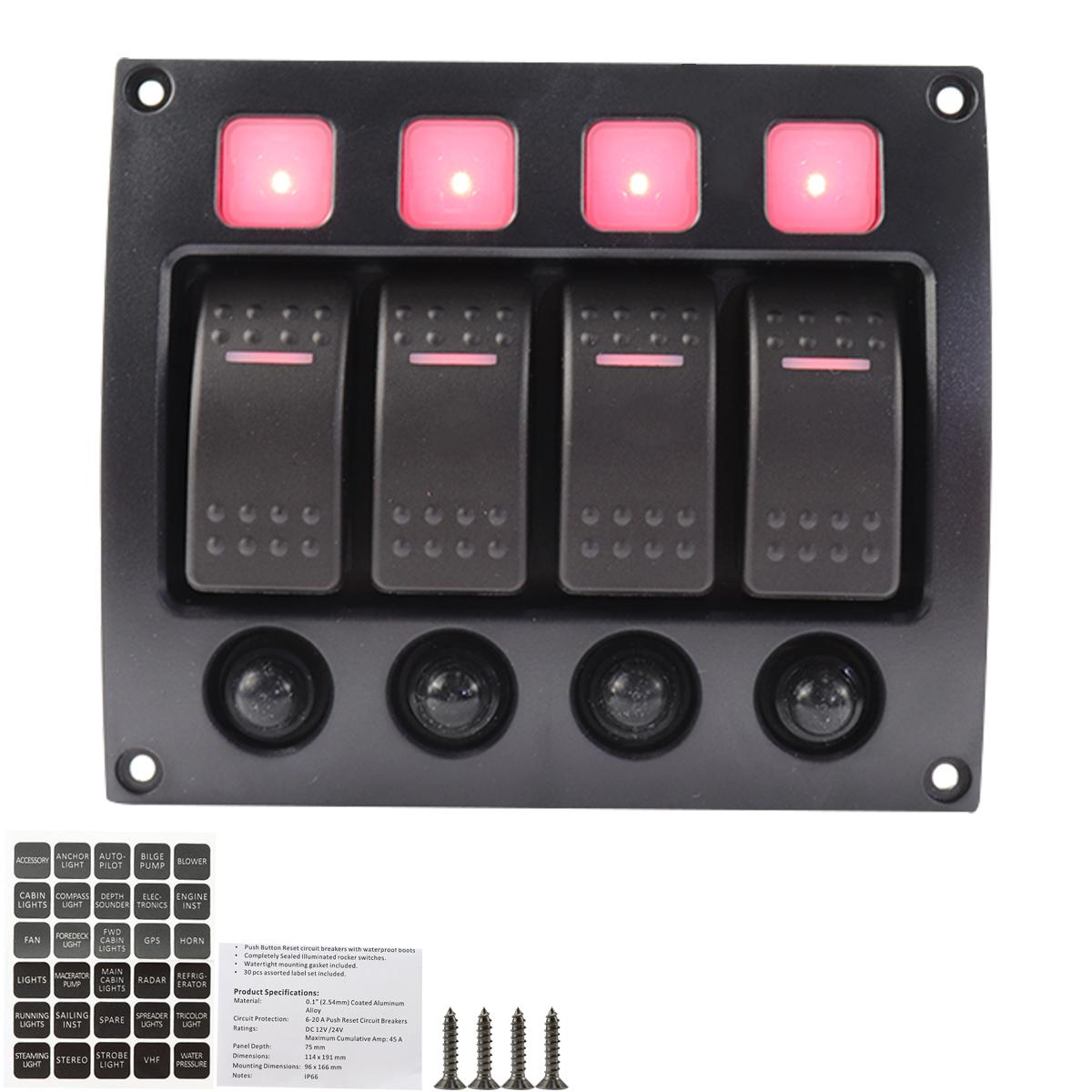 

4P Автомобильный RV Лодка Кулисный переключатель Панель Красные светодиодные фонари Тумблеры с автоматическими выключателями Автомобильные аксессуары Переключатели