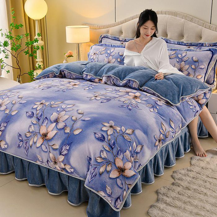 Cozy Flannel 230g Milk Velvet Printed Bed Set with Skirt - New Autumn/Winter Collection, Hot Seller