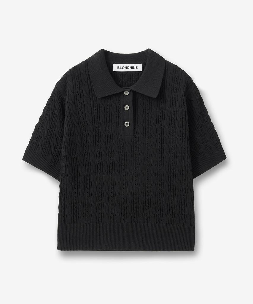 BLOND9 Crop Cable Punch Short Sleeve Collared Knit_Black