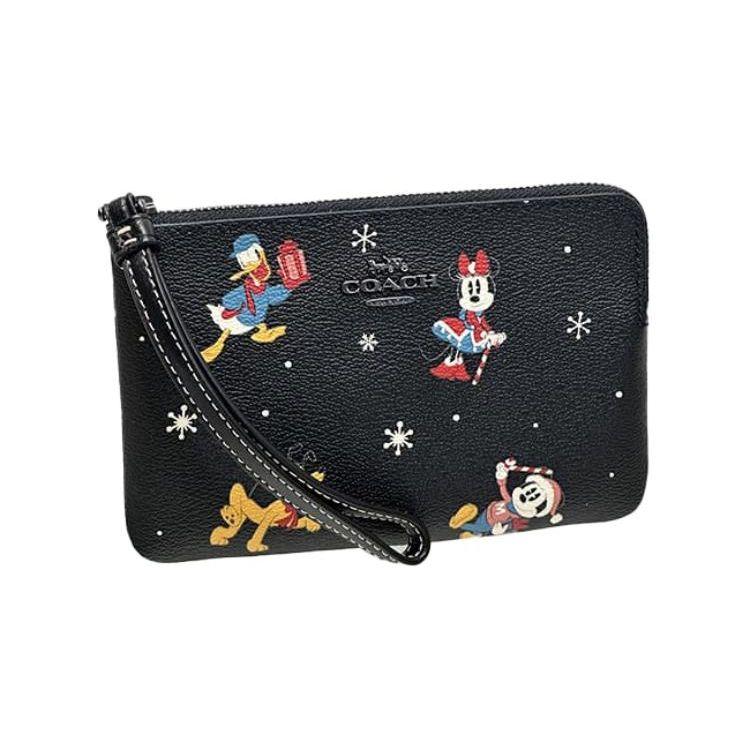 Coach X Disney Corner Zip 16 Collaboration Letter Logo Print Zippered Canvas And Leather Clutch Wallet Women Wallet Black CN031-QBM2