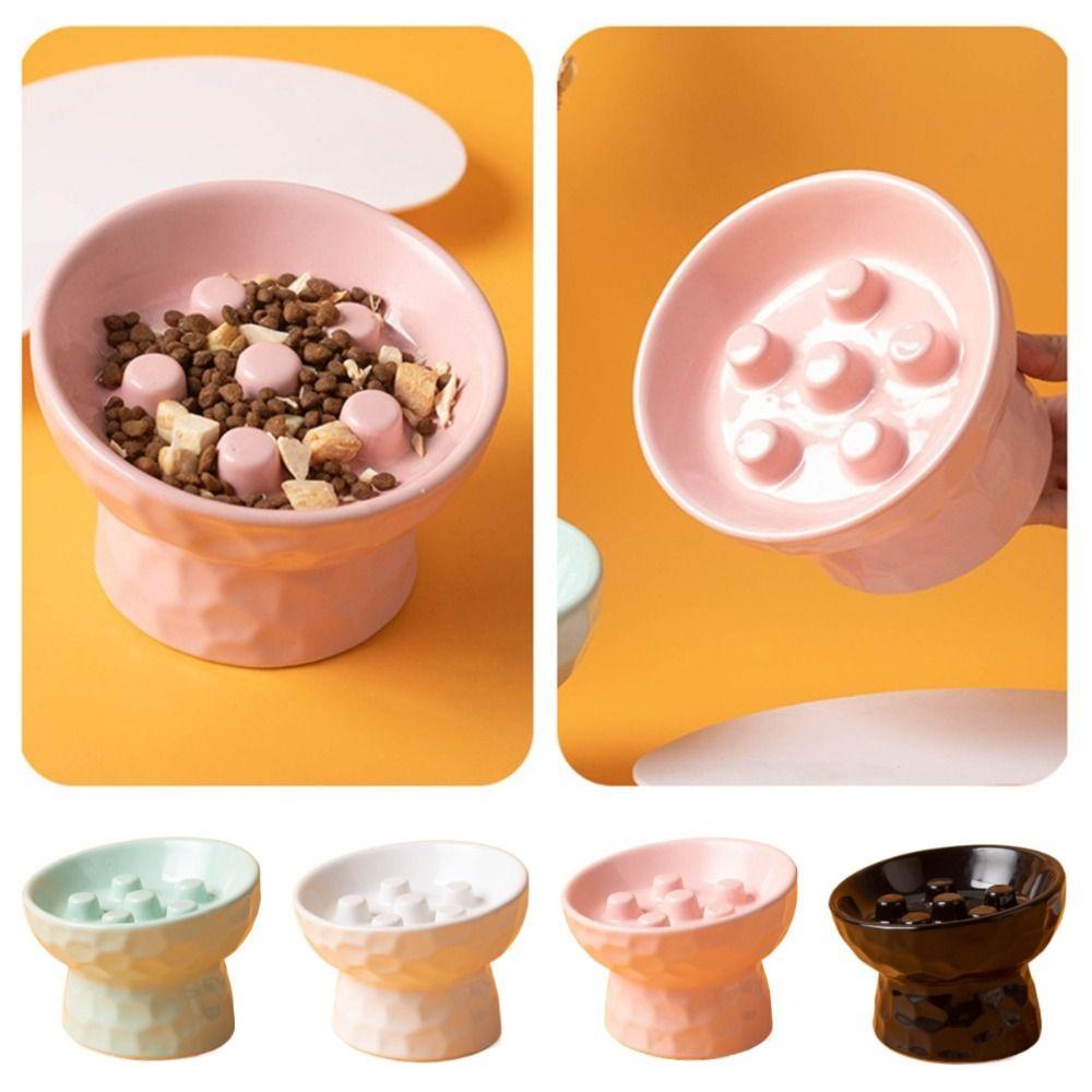 Ceramic Cat Slow Feeder Bowl Slanted Mouth Pet Drinking Eating Feeder for Kitten/Puppy/Bunny