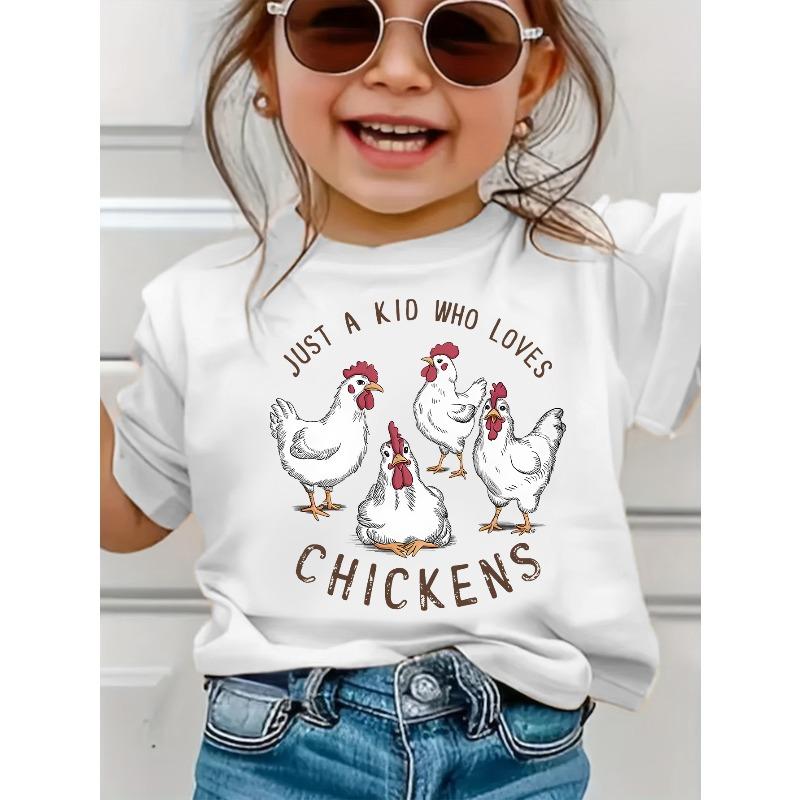 

European sizes Girls T-shirt, Summer Casual Fashion Style, Short-sleeved with Chick Print for Children Who Love Chicks 98cm