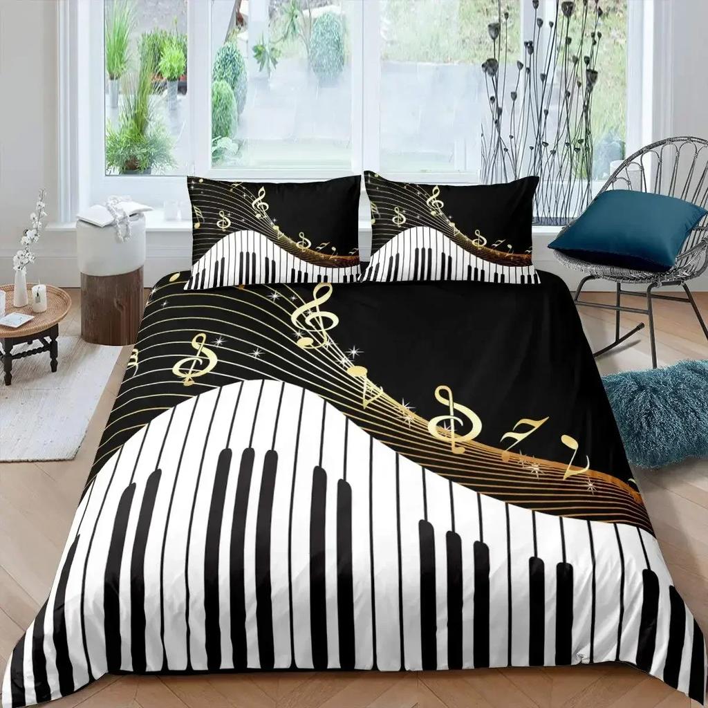 3Pcs Music Bedding Set Piano Keyboard Music Note Duvet Cover Queen Size Bed Linen Guitar Polyester Bedding Sets