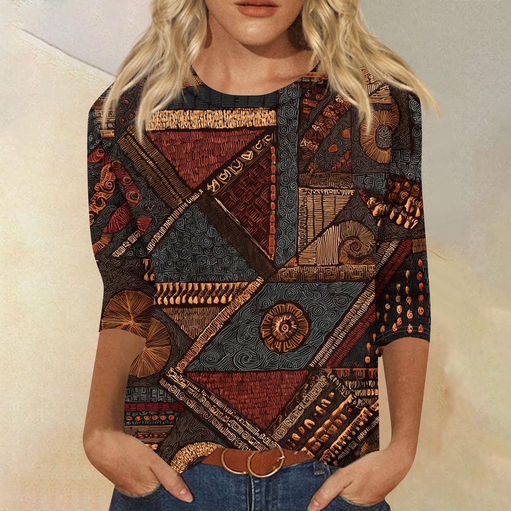 Women's Fashion Casual Round Neck Three-quarter Sleeve Retro Floral Print T-shirt Top