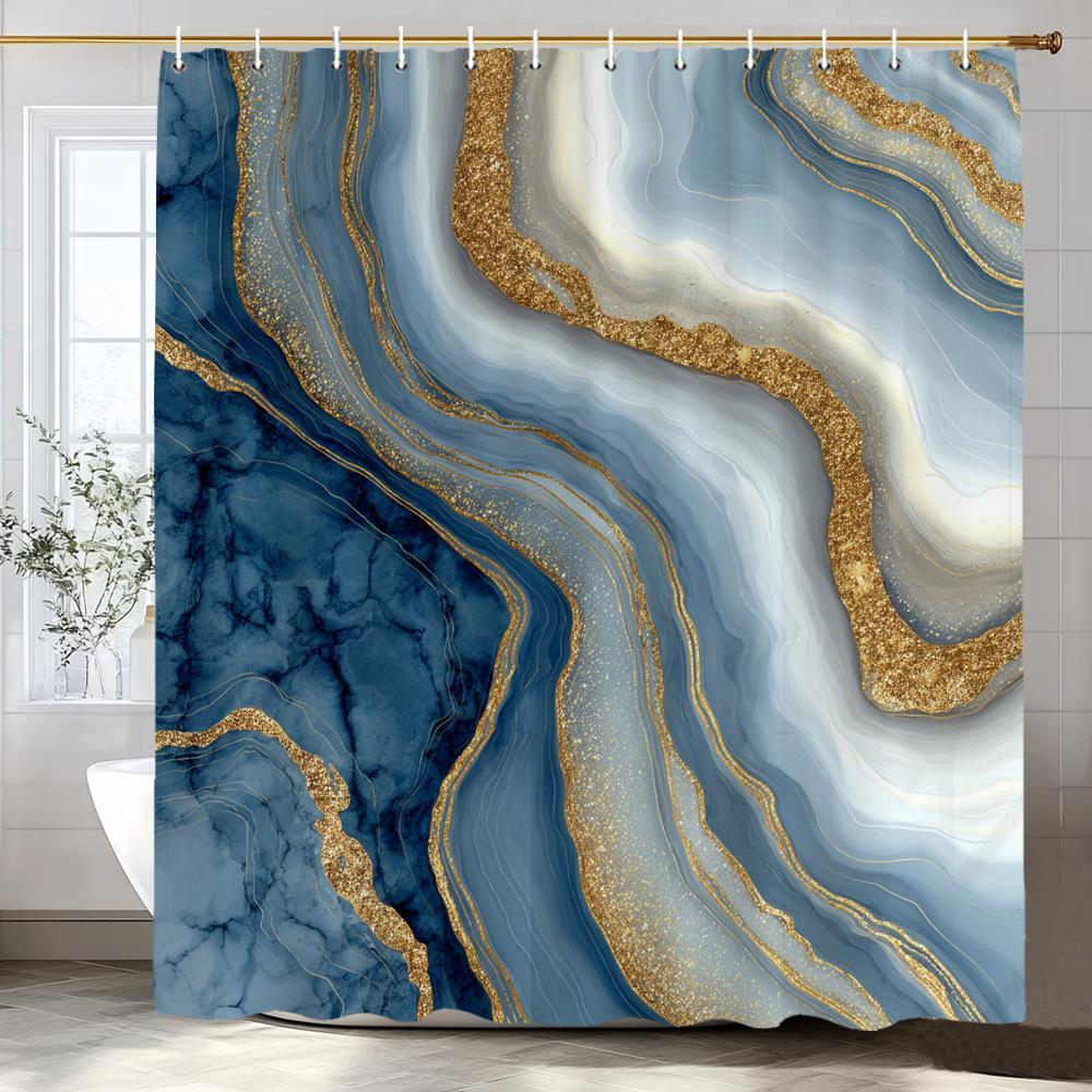 Blue Gold Textured Marble Shower Curtain Black White Natural Art Pattern Polyester Fabric Washable Shower Curtain Bathroom Decor