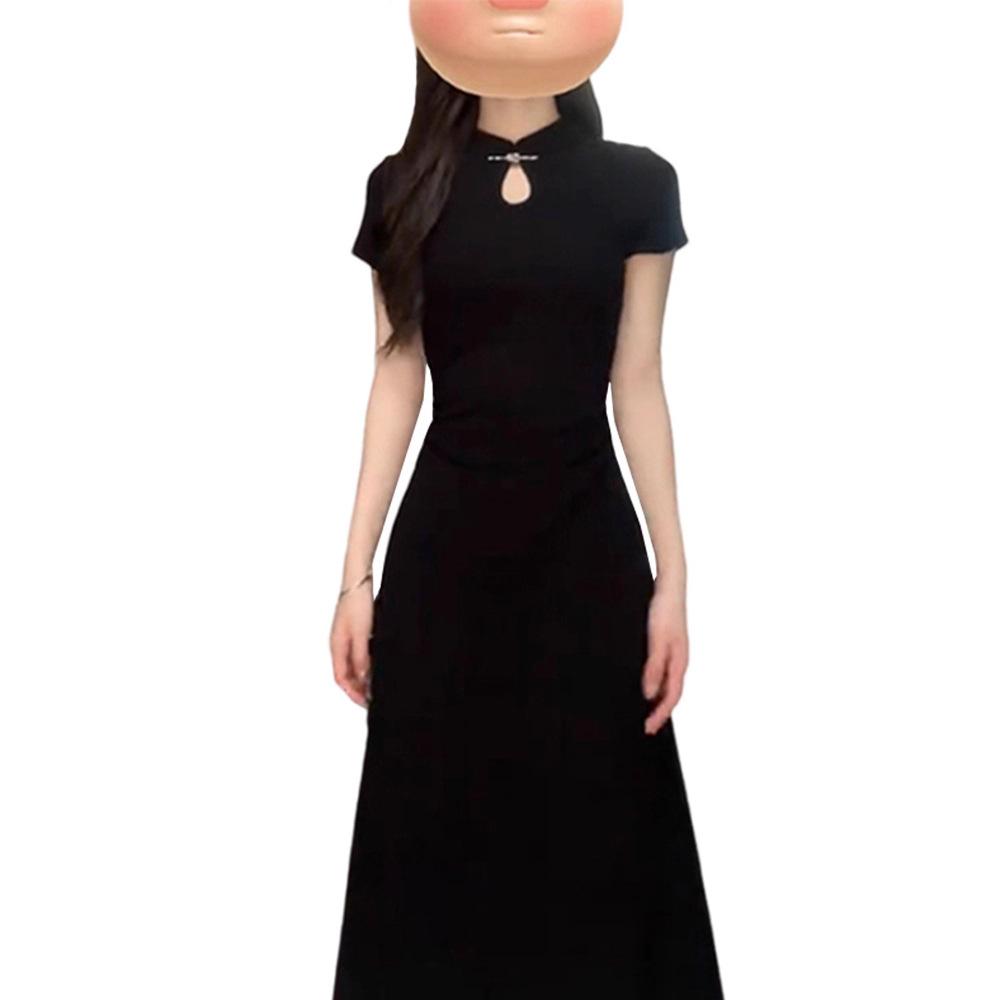 Temperament New Chinese Style Black Cheongsam Dress Women's New Summer Waist Dress Small Man