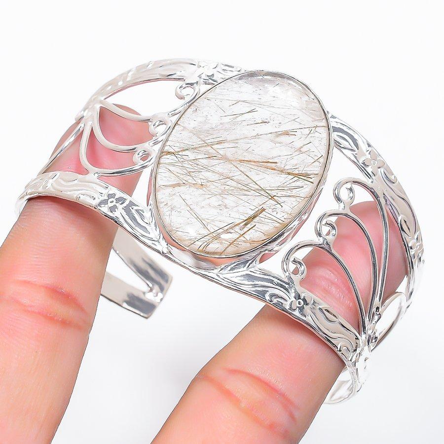 

Натуральный Золотистый Рутил Драгоценный Камень Серебро 925 пробы Манжета Браслет Регулируемый f4n86