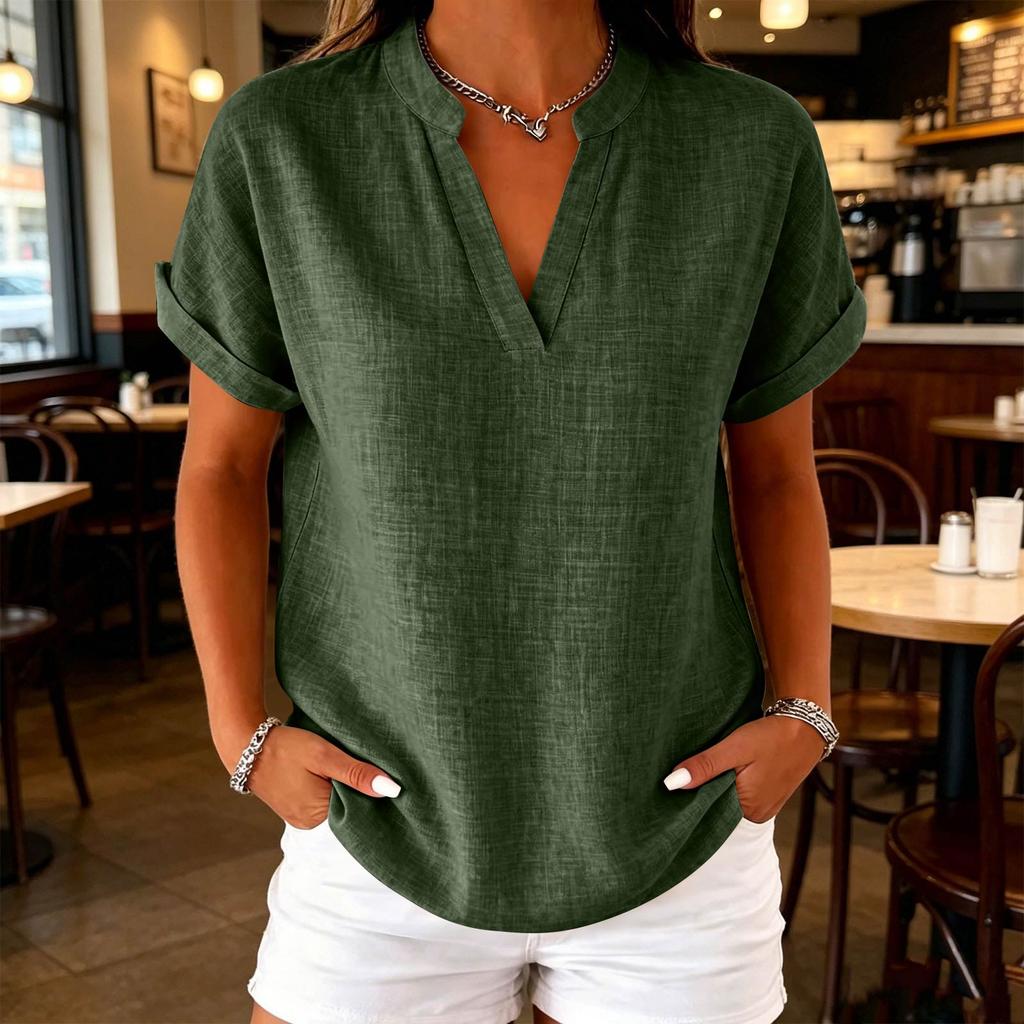 Women's Casual Linen Blend V-Neck Blouse, Short Sleeve Rolled Cuff Loose Fit Tunic Top, Summer Stand Collar Shirt