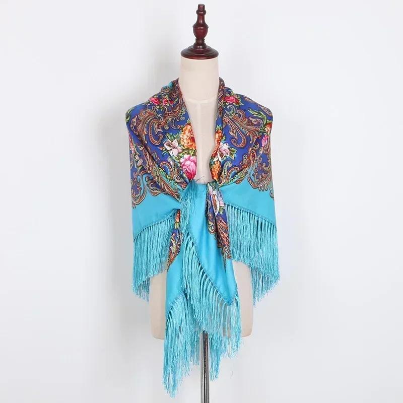 Floral Printed Bohemian Scarf Fringed Shawl Headscarf Russian Babushka Scarves Women National Muslim Head Wrap Square