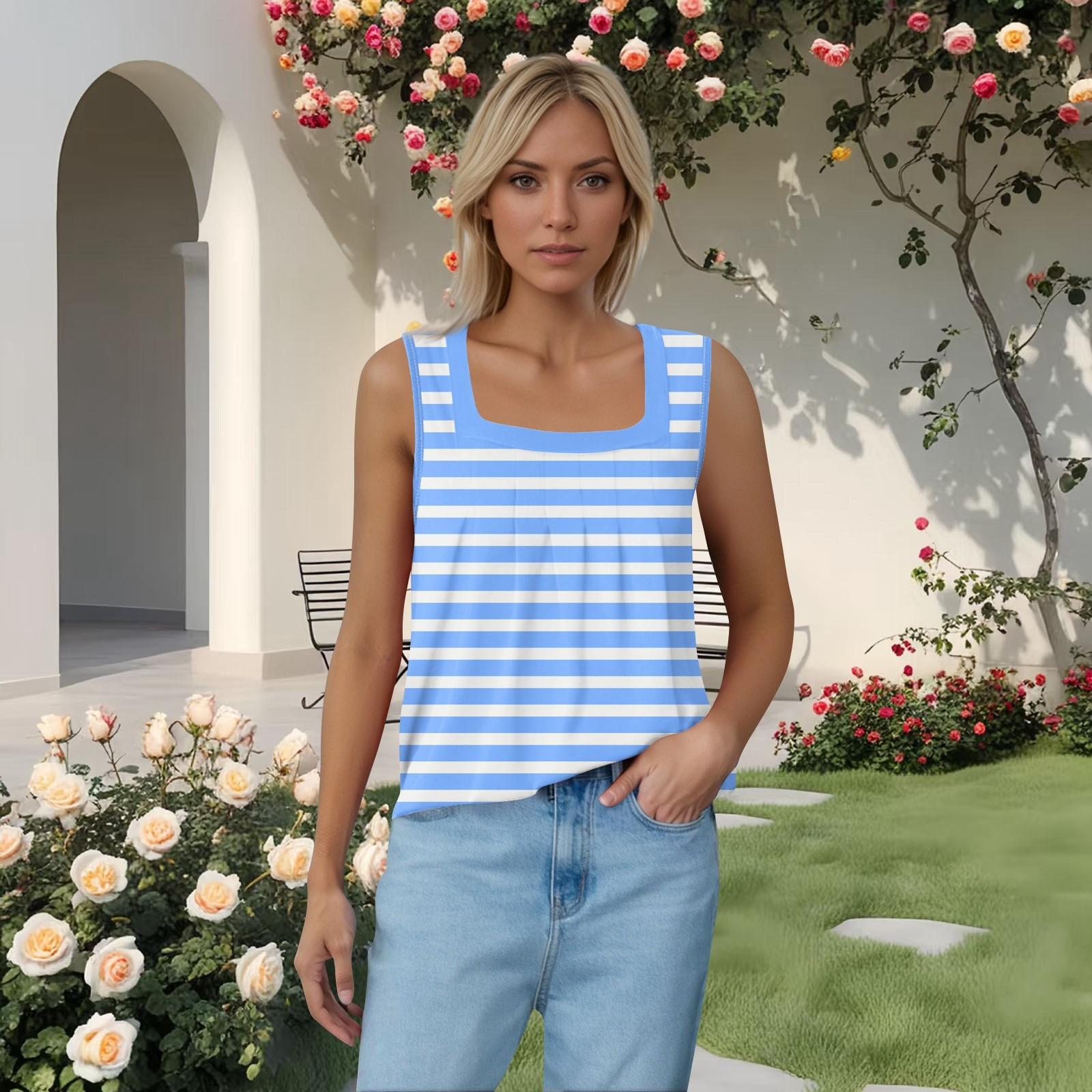 

Женская плиссированная футболка без рукавов с квадратным воротником и принтом XXXL