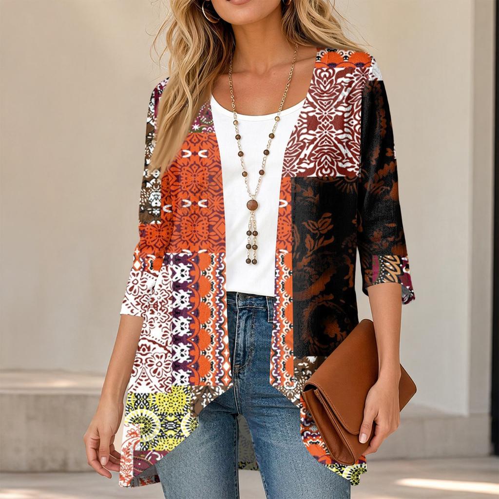 Damen Vintage Cardigan mit Blumendruck, Dreiviertelärm, Lässiger lockerer Schnitt, Leicht für Frühling Sommer