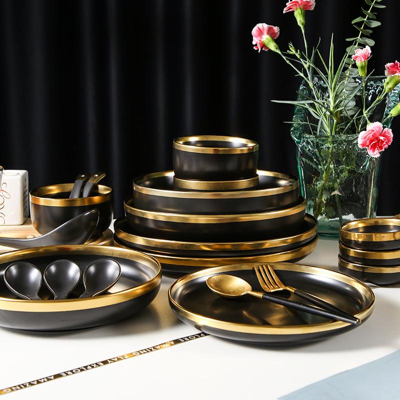 Matte Black Ceramic Dinnerware Set with Gold Trim 1PC Bowls Plates Soup Dishes Ins Style Tableware