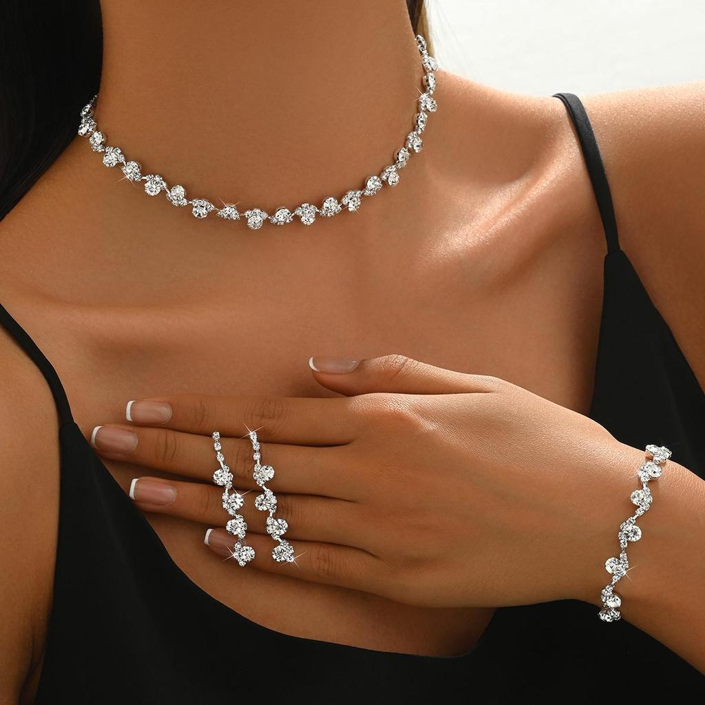 2025 Korean Fashion Wedding Jewelry: Silver Rhinestone Necklace, Earrings, Bracelet & Ring Set