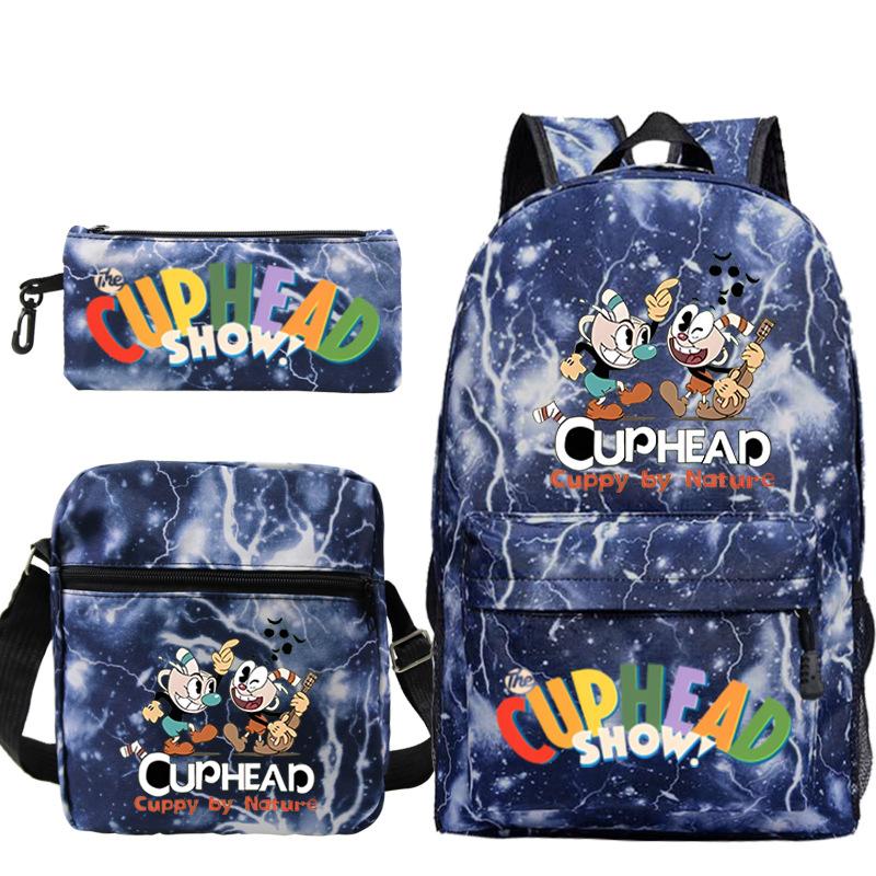 Cartoon Teacup Head Cuphead Student Backpack Oblique Span Bag Pencil Bag Primary And Secondary School Students Children'S Schoolbag Three-Piece Set