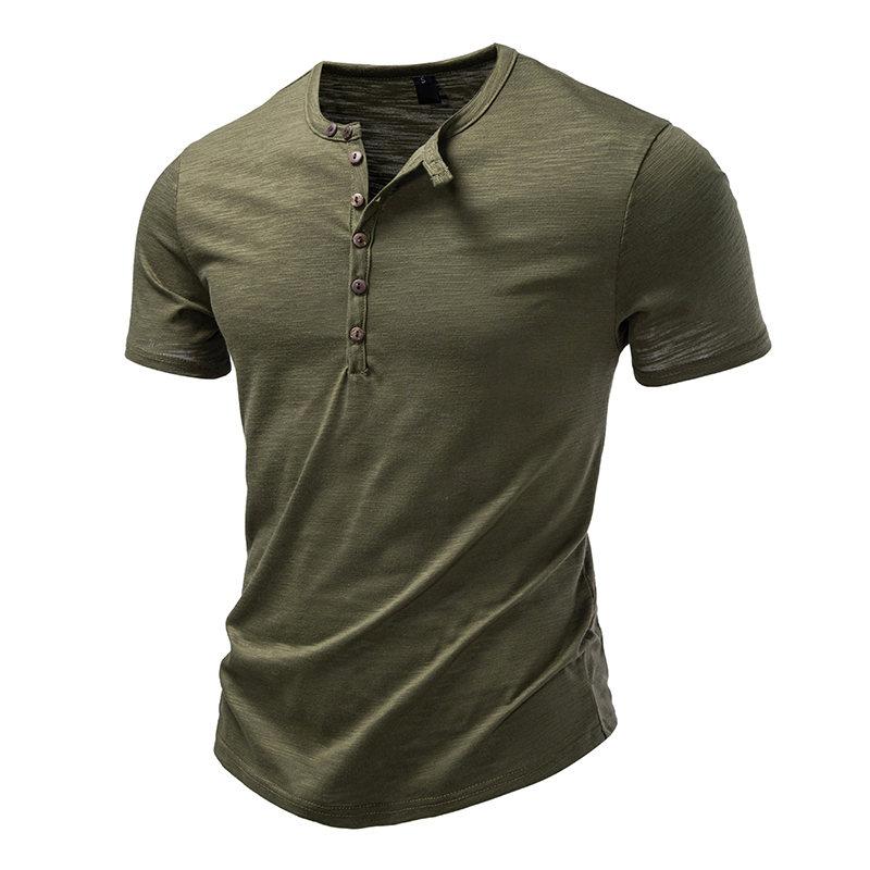 New Design Men's Summer Solid Color T-Shirts Bamboo-Handled Henry Collar Casual Button Short Sleeve Top Tees Hip Hop Streetwears