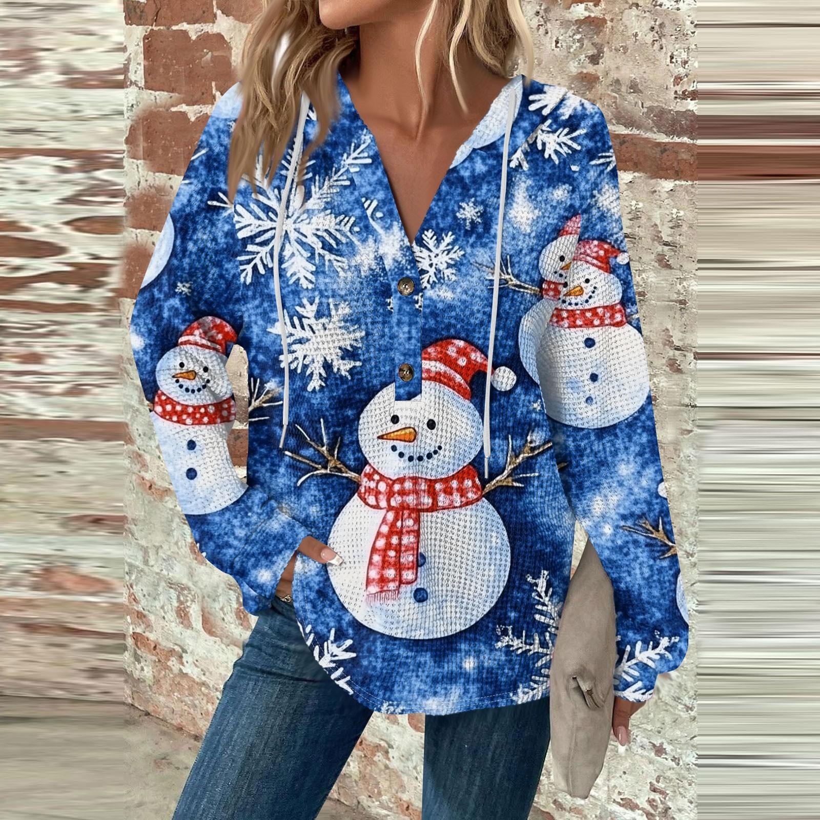 

Женский повседневный топ с длинными рукавами, пуговицами, V-образным вырезом, рождественским принтом, завязками и капюшоном S