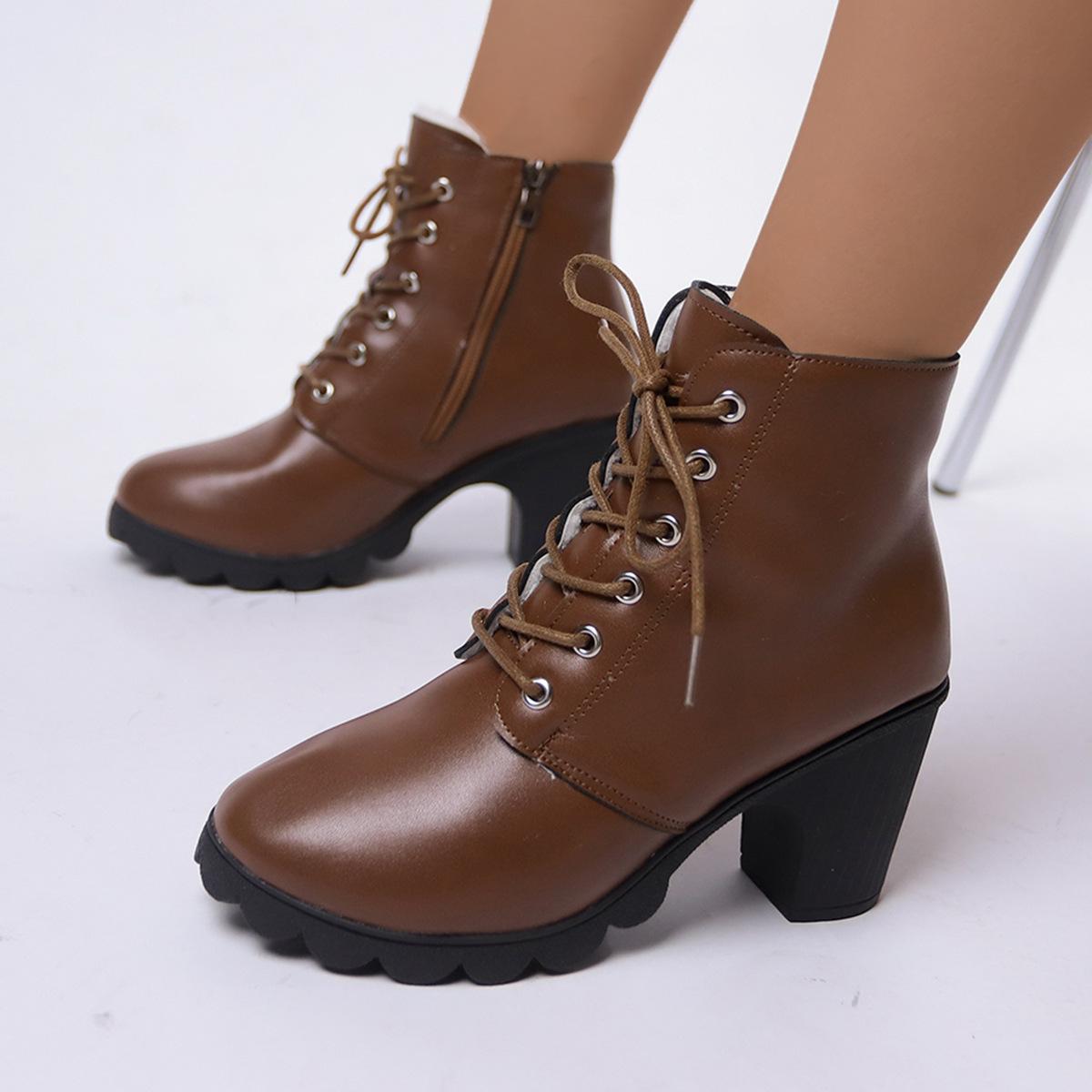 

Осенне-зимние ботинки Martin из искусственной кожи средней высоты для женщин, боковые молнии большого размера, высокие флисовые сапоги на каблуке 35-42 42