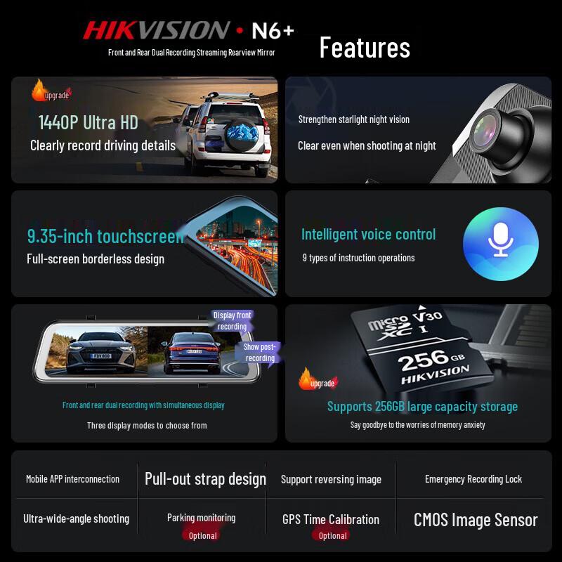 Hikvision N6+ 2K 1440P Dual-Channel Dash Cam Rearview Mirror CN plug (adapter included)