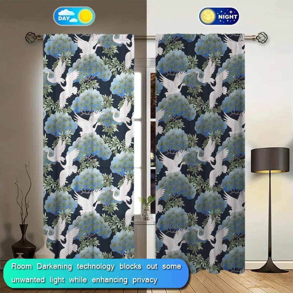 2pcs Japanese Style Hot-scalding Crane Curtains   Sunshade and Privacy-protecting Pole-style Curtains